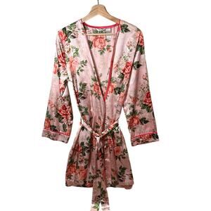 Adonna Vintage Satin Robe Pink Floral Silky Belted Size M